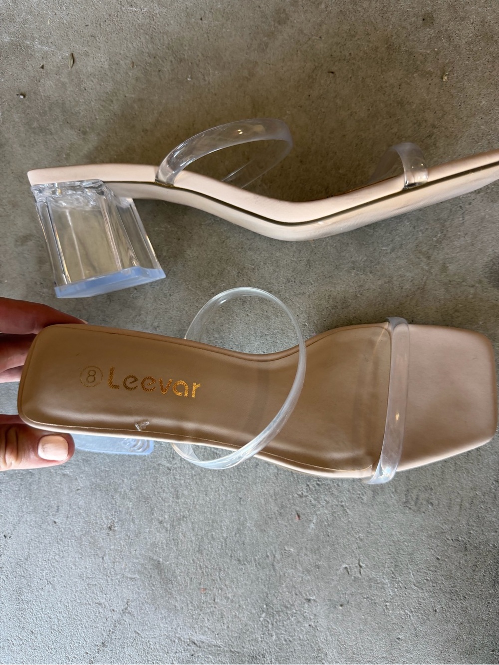 Clear Strap Block Heel Sandals in Nude